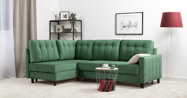 Диван-кровать угловой Арно ТД 566 велюр Лаки 20 хвойный зеленый, Vertical 910 молочно-серый, сборка на любую сторону