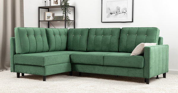 Диван-кровать угловой Арно ТД 566 велюр Лаки 20 хвойный зеленый, Vertical 910 молочно-серый, сборка на любую сторону