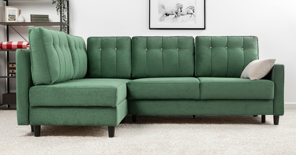 Диван-кровать угловой Арно ТД 566 велюр Лаки 20 хвойный зеленый, Vertical 910 молочно-серый, сборка на любую сторону