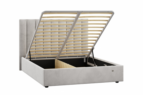 Спальня Дакота композиция 1 меренга, белый, с кроватью Ингрид/Ingrid 160 велюр ультра смог/ultra smoke, пуф Альба 450 велюр ультра смог/ultra smoke