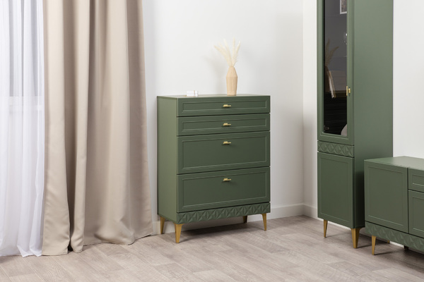 Комод Марион 16.249 дымчатый зеленый K521, олива шагрень AG 1050 ПВХ, белый PE шагрень