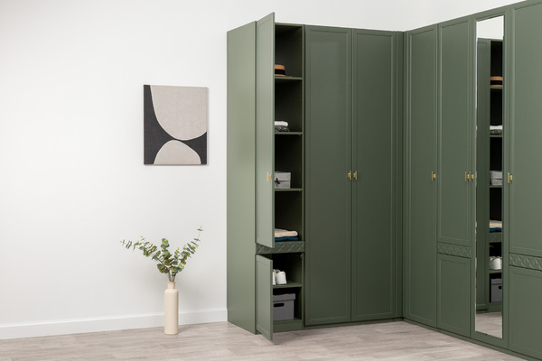 Шкаф-пенал Марион 16.340.01 дымчатый зеленый K521, олива шагрень AG 1050 ПВХ (собирается на любую сторону)