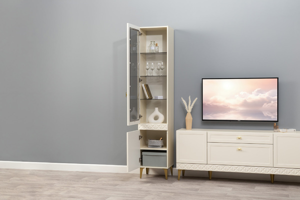 Гостиная Марион композиция 1 слоновая кость С341 PE, слоновая кость 6898 ПВХ, белый PE шагрень (собирается на любую сторону)