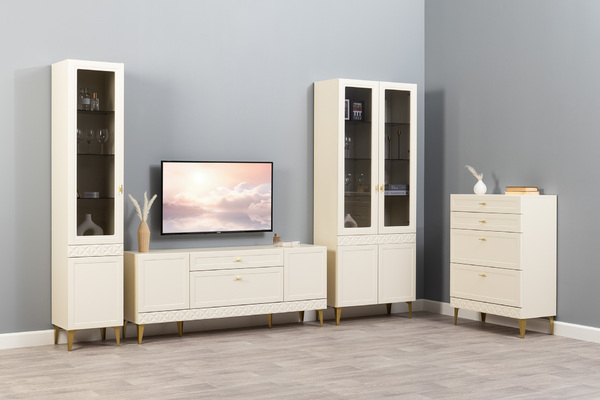 Гостиная Марион композиция 3 слоновая кость С341 PE, слоновая кость 6898 ПВХ, белый PE шагрень (собирается на любую сторону)