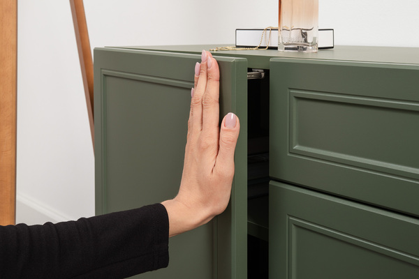 Гостиная Марион композиция 2 дымчатый зеленый K521, олива шагрень AG 1050 ПВХ, белый PE шагрень (собирается на любую сторону)