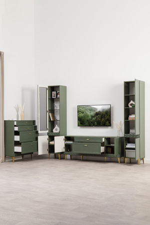 Гостиная Марион композиция 2 дымчатый зеленый K521, олива шагрень AG 1050 ПВХ, белый PE шагрень (собирается на любую сторону)