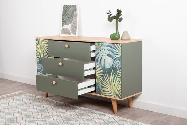 Комод Маттиас 16.245 дымчатый зеленый K521, гикори рокфорд натуральный KO86 PW, белый PE шагрень, фотопечать