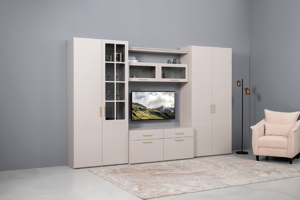 Гостиная Ричфорд композиция 1 с карнизами, кашемир 5981 BS, моно керамика D166-2 ПВХ, белый PE шагрень (собирается на любую сторону)