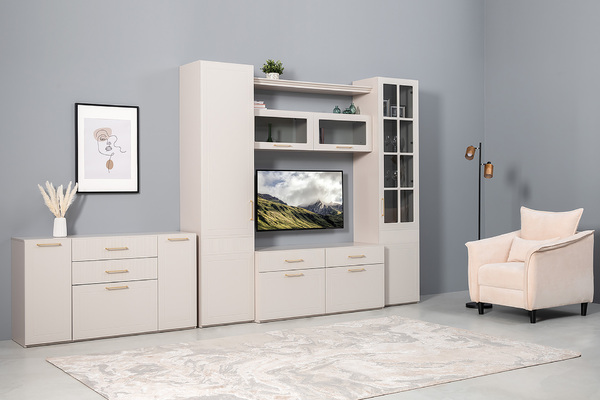 Гостиная Ричфорд композиция 2 с карнизами, кашемир 5981 BS, моно керамика D166-2 ПВХ, белый PE шагрень (собирается на любую сторону)